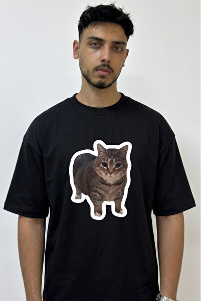 Anetos Muffin Cat Design Printed Oversize Black T-Shirt