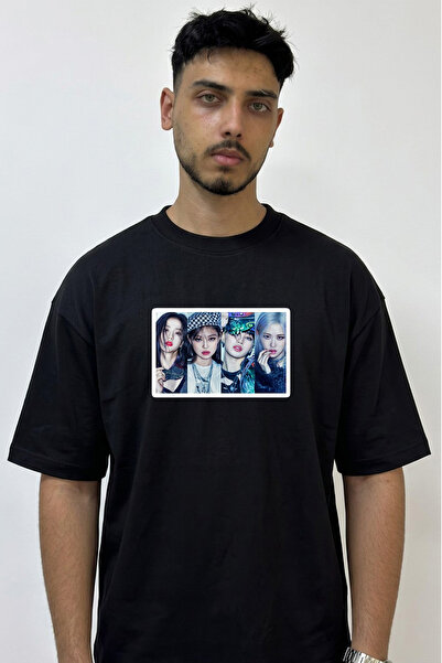 Anetos Black Pink_2 Design Printed Oversize Black T-Shirt