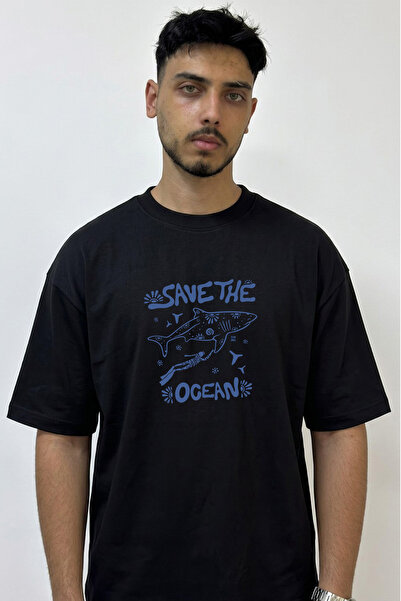 Anetos Save the Ocean Design Printed Oversize Black T-Shirt