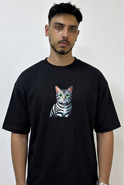 Anetos Silver Tabby Cat Design Printed Oversize Black T-Shirt