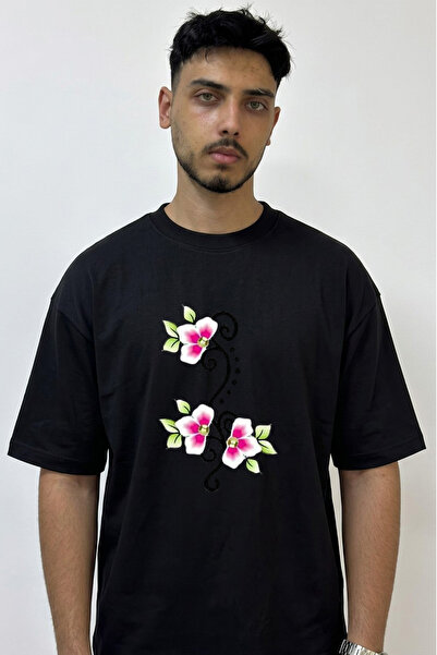 Anetos Floral Pattern Design Printed Oversize Black T-Shirt