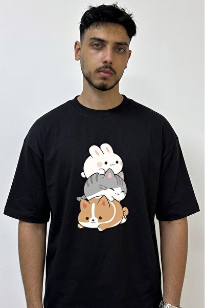 Anetos Tavsan Cat Dog Design Printed Oversize Black T-Shirt