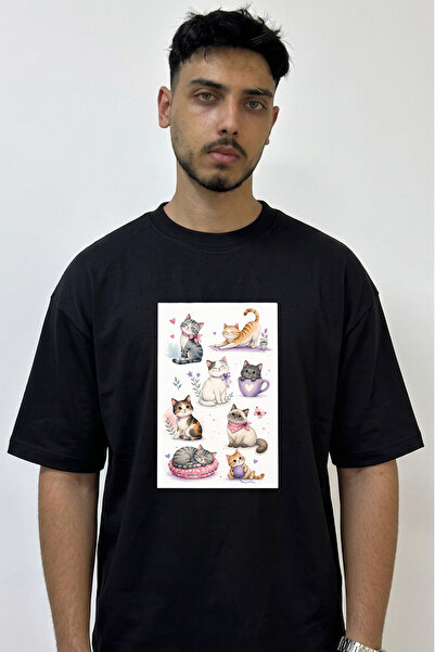 Anetos Watercolor Cats Design Printed Oversize Black T-Shirt