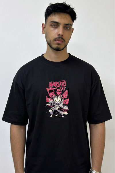 Anetos Naruto Cat Design Printed Oversize Black T-Shirt