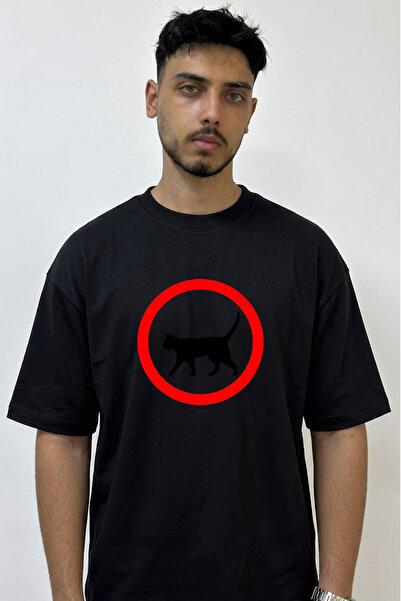 Anetos Cat Sign Design Printed Oversize Black T-Shirt