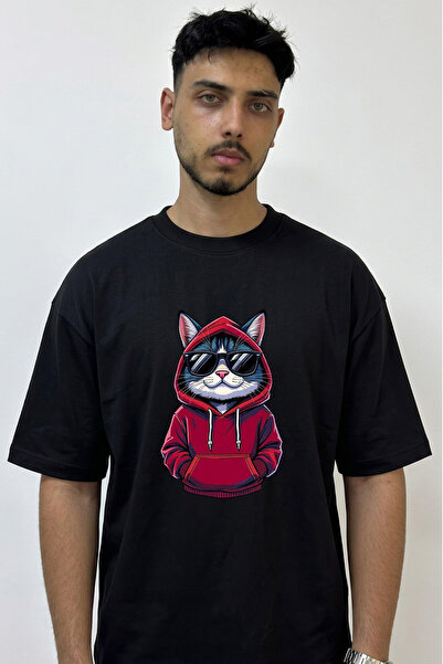 Anetos Cat Hoodie Design Printed Oversize Black T-Shirt