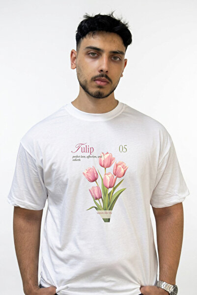 Anetos Tulip_1 Design Printed Oversize White T-Shirt