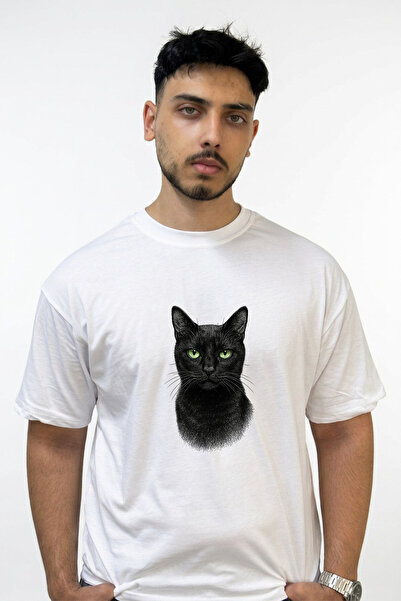 Anetos Black Cat_1 Design Printed Oversize White T-Shirt