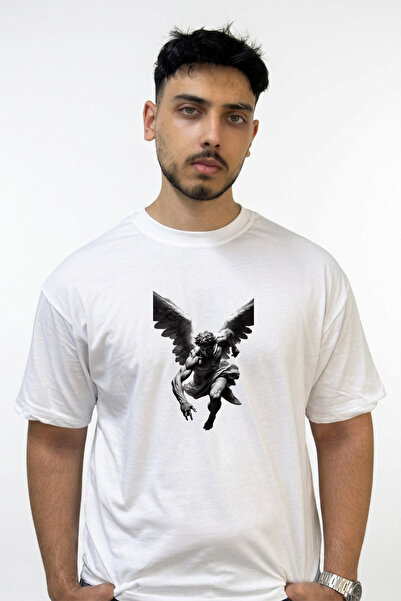 Anetos Fallen Angel Design Printed Oversize White T-Shirt