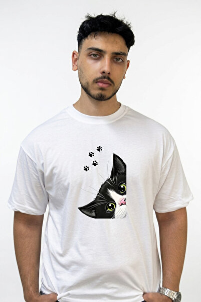 Anetos Tuxedo Cat_1 Design Printed Oversize White T-Shirt
