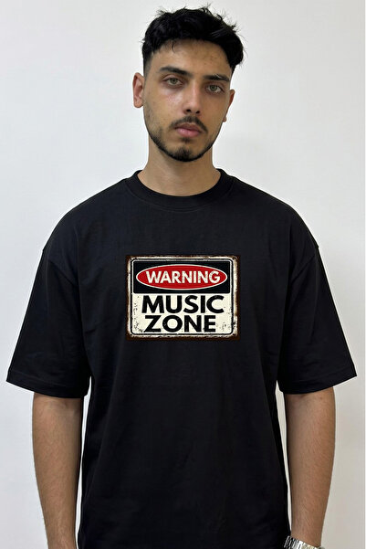Anetos Music Zone Design Printed Oversize Black T-Shirt