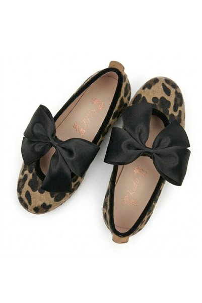 STELLA BUTİK Stylish Girls' Ballet Flats with Leopard Print, Bow, and Orthopedic Soles