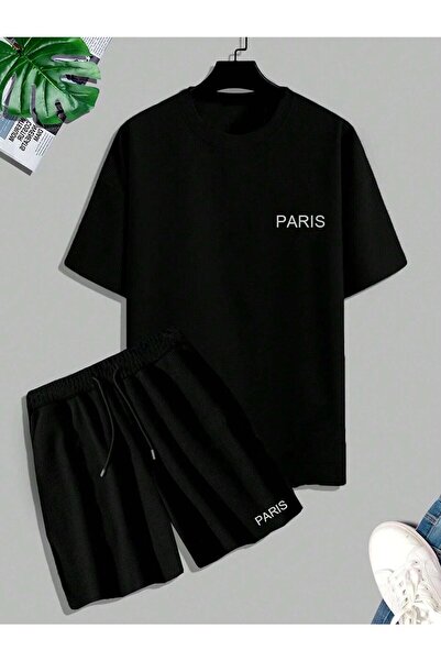 Gisha Unisex Oversize Paris Printed Black Crew Neck T-Shirt Shorts
