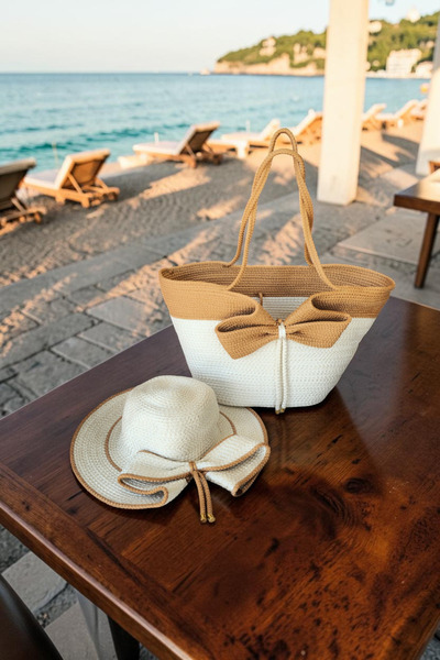 KAAN HOME Handmade Beach Pool Bag and Hat Set with Bow and Ribbon Multi-Purpo...