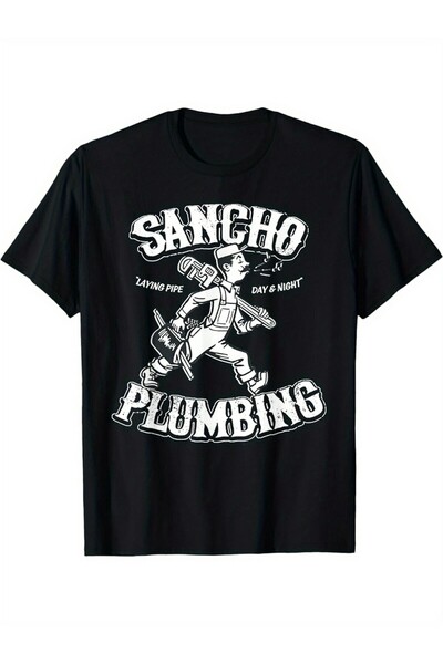 LİNA06 Humorous Plumbing Graphic T-Shirt Men Features 'SANCHO Plumbing' Desig...