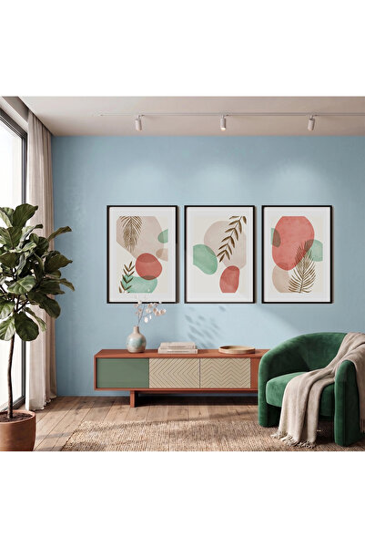 KOLAJTASARIM Set de 3 tablouri cu forme abstracte de frunze în pastel, cu ram...