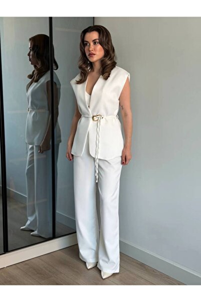 BNGL Boutique White Vest & Palazzo Pants & Gold Belt Set