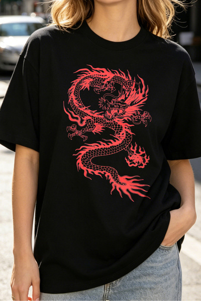 Fleck Womens T Shirts Dragon Print Casual Streetwear Style Black Red Design F...