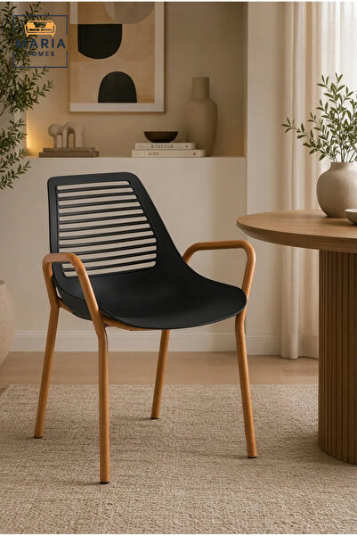 MARIA HOMES Modern Black Plastic Dining Chair with Wood-Look Legs and Armrest...
