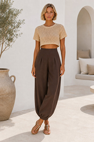 WOMAN VISION Women’s Brown High Waist Pleated Crepe Balloon Pants Pocketless ...