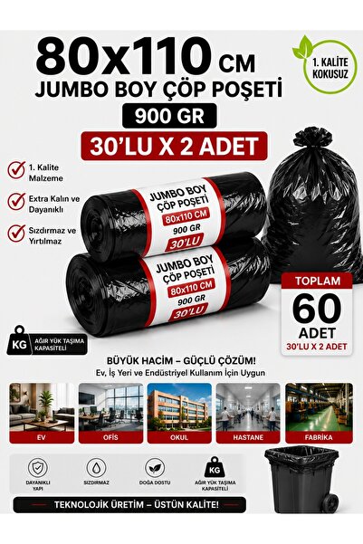 New City 80x110 cm 120 Litre Jumbo Boy Çöp Torbası 60 Adet Siyah Dayanıklı En...
