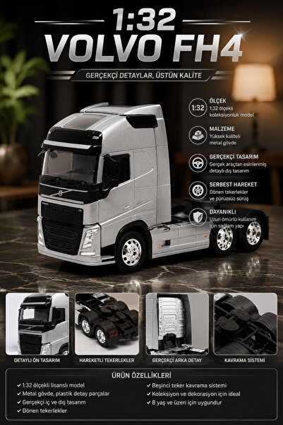 craftivio 1:32 Volvo FH4 Gümüş Metal Çekici Tır Diecast Koleksiyonluk Model Araç