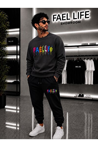 FAEL LİFE Unisex Wide Cut Zero Neck and Sweatpants Colorful Printed Set