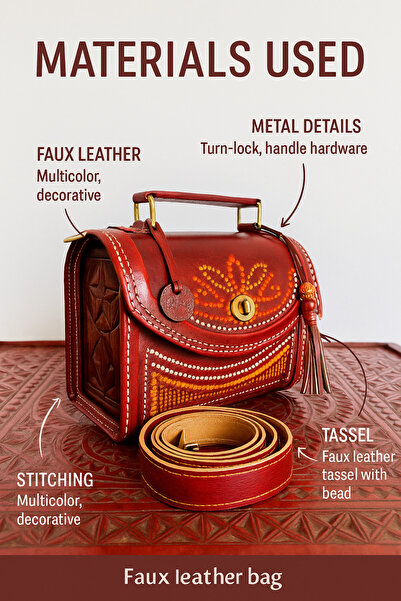 Kanyaka Indian Handcrafted Vegan Leather Jari Hut Bag with solid Wood Carving