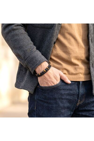 OGHAMAY Tiger's Eye and Onyx Natural Stone Leather Steel Bracelet 18392B7D29