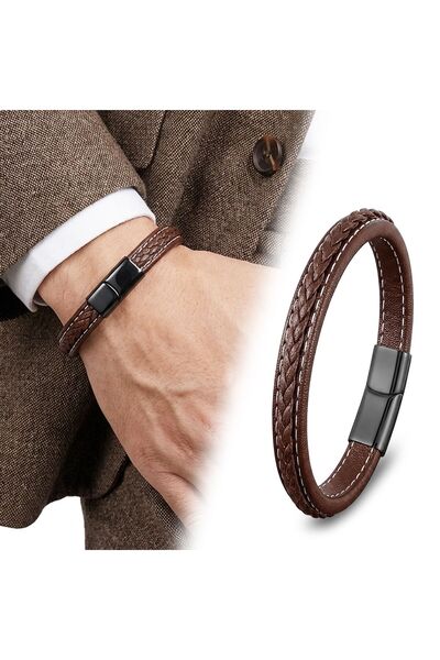 OGHAMAY Coffee & Coffee Braided Leather and Titanium Lock Steel Bracelet 1839...