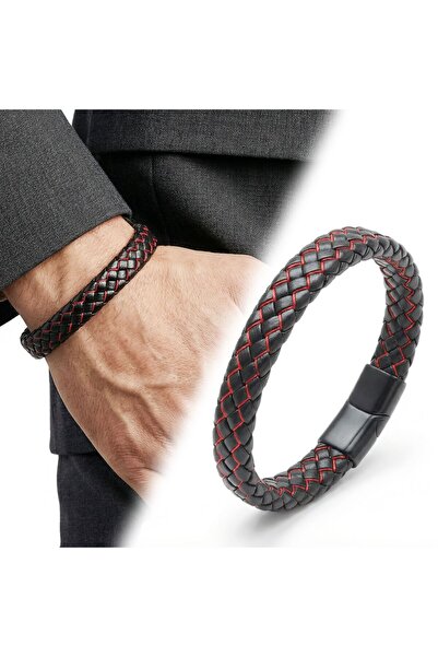 OGHAMAY Red Black Leather Mesh Steel Bracelet 18393B4D2
