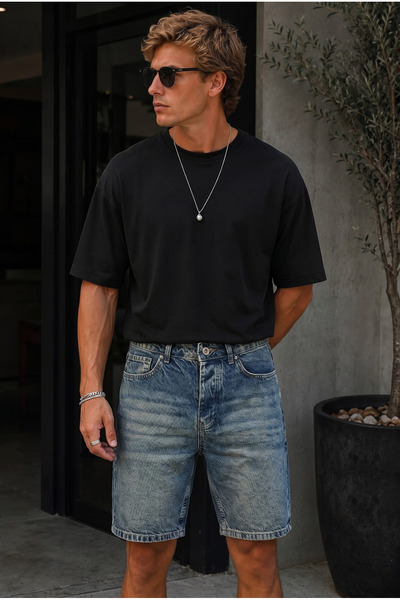 MADZEYMODA Men's Blue Denim Fabric Distressed Jean Shorts Ke-1199