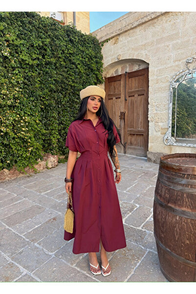 kırmızı butiks Burgundy Venice Shirt Collar Dress