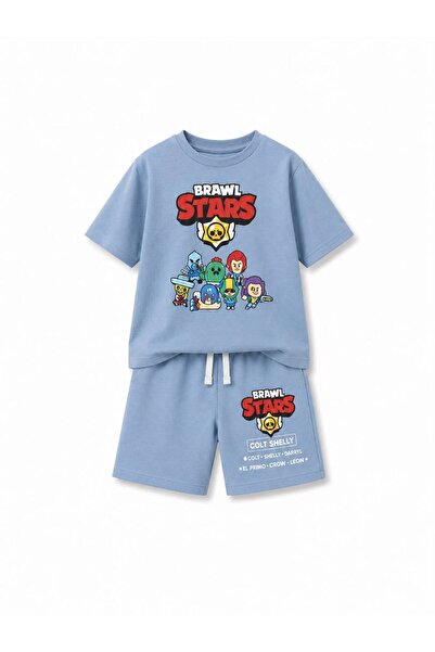 YİGİT BUTİK Dečački plavi set kratkih rukava i šortsa sa printom Brawl Stars