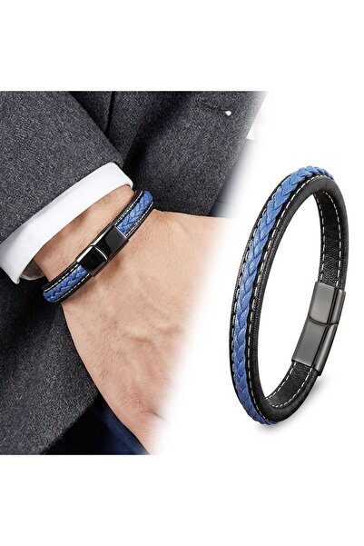 OGHAMAY Navy Blue & Black Braided Leather and Titanium Lock Steel Bracelet 18...