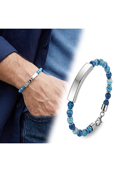 OGHAMAY Blue Agate White Name-Engraved and Adjustable Steel Chain Bracelet 18...