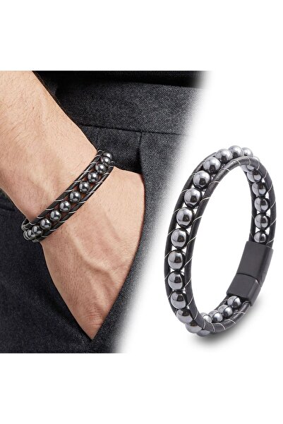OGHAMAY Hematite Natural Stone Leather Bracelet 18392B2D8M5
