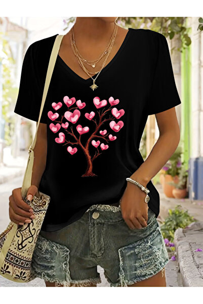 Deocept Women's Heart Tree Printed V-Neck Sleeves Regular Fit Casual T-Shirt