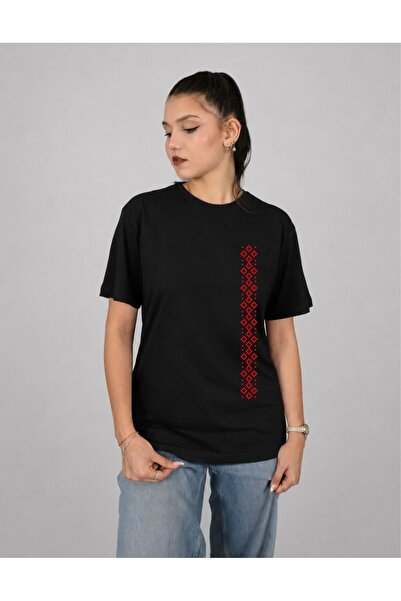 Krays Unisex Vertical Stripe Carpet Pattern T-Shirt Ethnic Geometric Embroide...