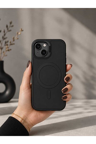 Case I PHONE 13 Siyah Deri Detaylı Standlı Kılıf
