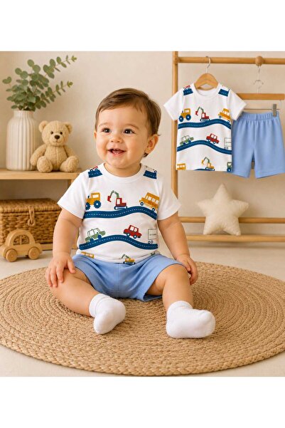 krm kerem bebe Minik Kaşif Araç Desenli Erkek Bebek Yazlık Alt-Üst Takım