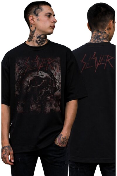 Fuddy Moda Tricou unisex cu imprimeu Slayer Skull, cu gât rotund, tricou supr...