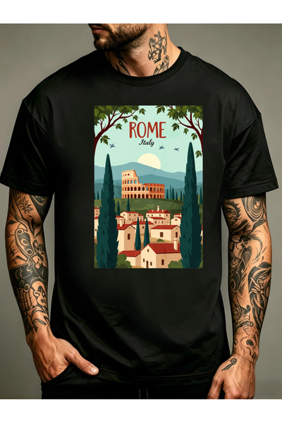 1001 Line Rome Italy Theme Men'S Crewneck T-Shirt Loose Fit 100 Percent Fashi...