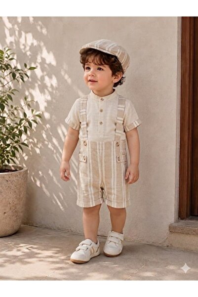 Junior Class Striped Salopet Jumpsuit Shorts Baby Boy Set with Cap Hat 3 Piec...
