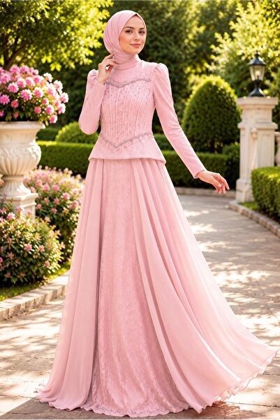 TRENDTESETTÜR KADIN PEMBE BONCUK İŞLEMELİ ABİYE ELBİSE T 5325