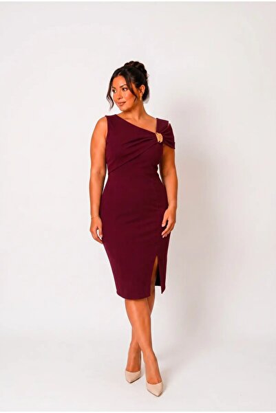 hazelin Women's Burgundy Plus Size Buckle Slit Detailed Midi Length Evening D...
