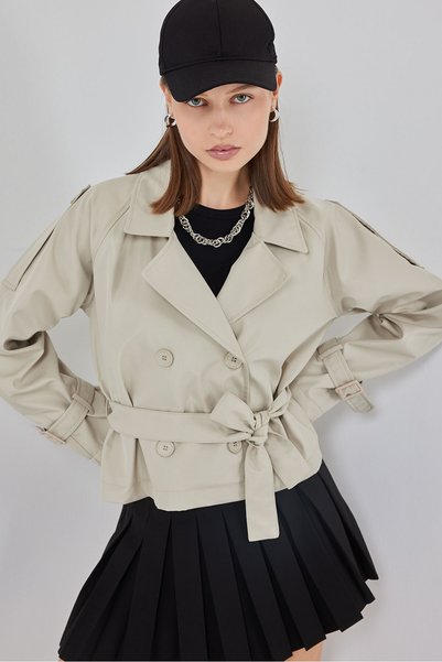 Merterium Women's Belted Short Trench Coat 1570 - Stone