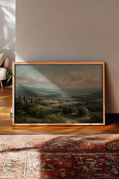 Zestia Pictură murală orizontală de epocă, peisaj rural din Toscana, înrămată...