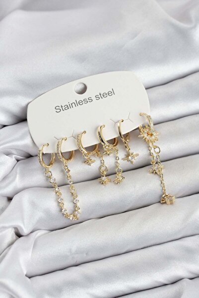 Inure Jewelry 316L Steel Gold Color Chain Detailed Zircon Stone Women's Earri...