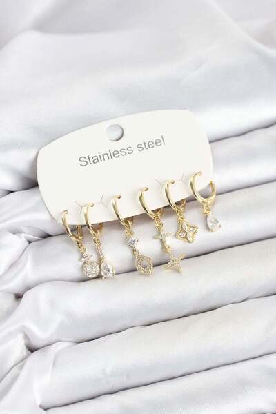 Inure Jewelry 316L Steel Gold Color Zircon Stone Clover Model Women's Earring...